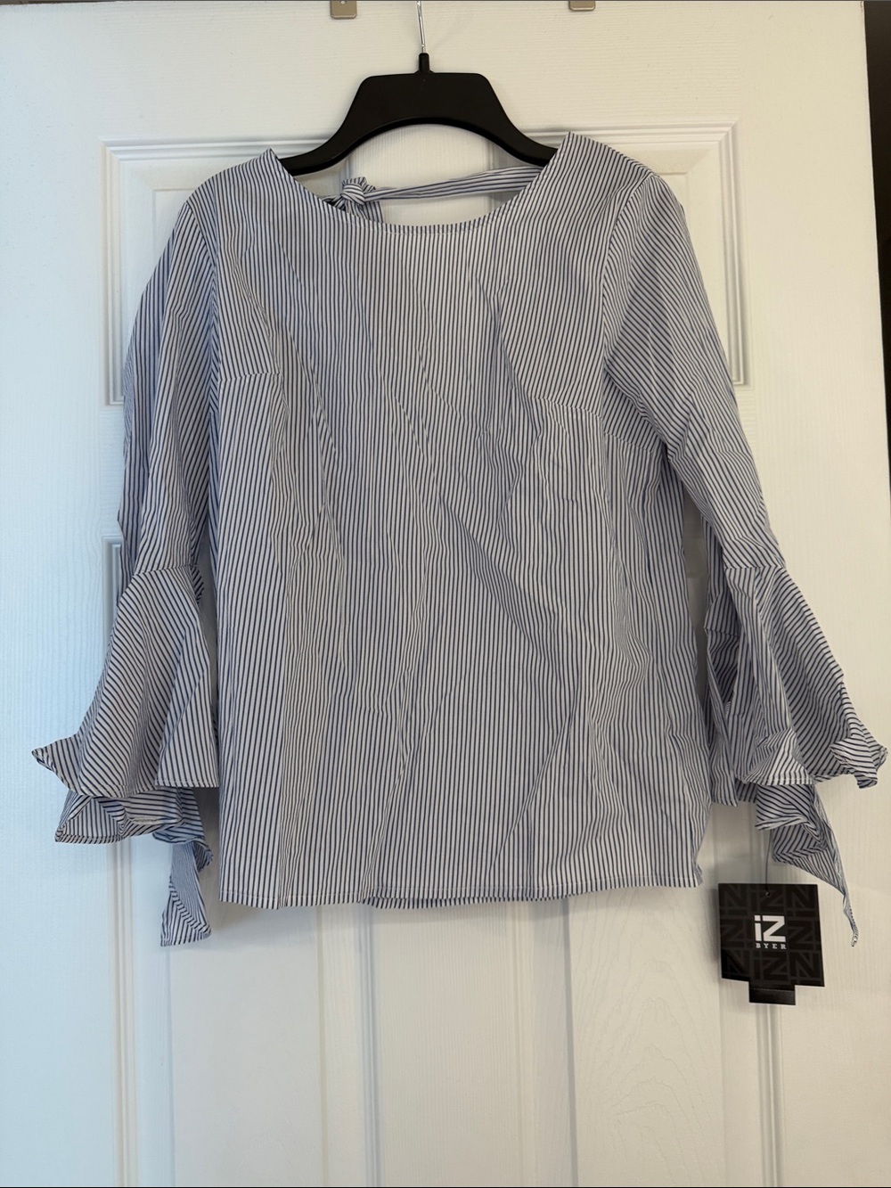 Iz Byer Blue and White Pinstripe Ruffle Sleeve Blouse